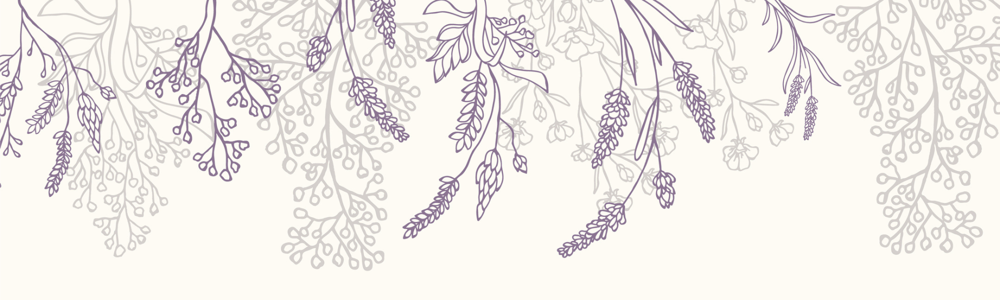 A pattern of lavender flowers and stems in light purple on a white background.