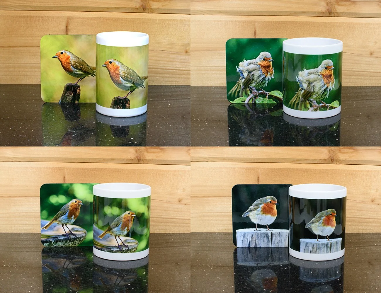 4 The BIG Tea mugs with coasters - Robin