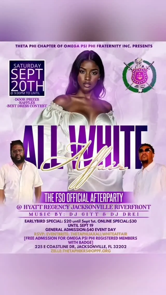 The Florida Ques will be taking over Duval County! Don't miss this All White Affair hosted by the Jacksonville Omegas (@thetaphiques).
Saturday, September 20th / 9:00 PM – Until
Hyatt Regency Jacksonville Riverfront
225 E Coastline Dr, Jackso