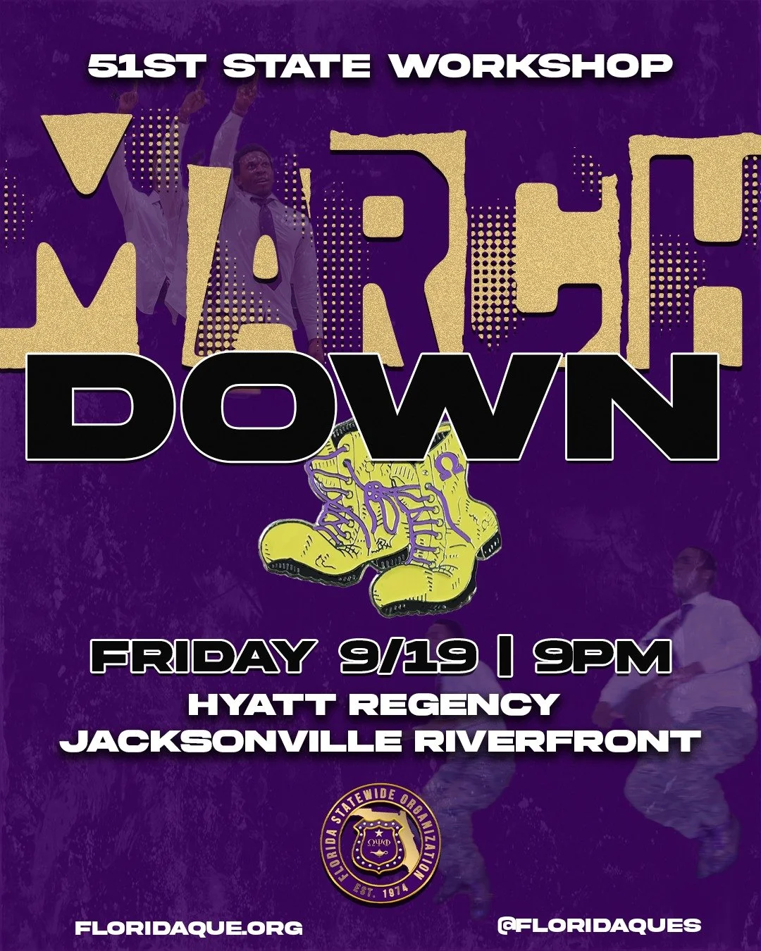🔥 It’s Showtime! Get ready for the 51st Florida Statewide Workshop March Down — where the gold boots hit the floor and the energy is unmatched!
📅 Friday, September 19, 2025 | 9:00 PM
📍 Hyatt Regency Jacksonville Riverfront
Be there