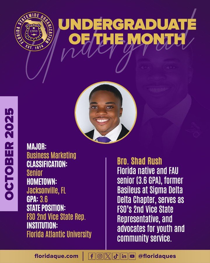 It is with great pride that we highlight the hard work of our youth within our beloved Fraternity, and more importantly, within the State of Florida. Today, we celebrate our very own Bro. Shad Rush.

Major: Business Marketing
Classification: Senior
H