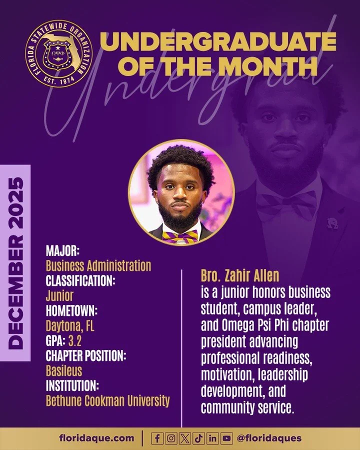 It is with great pride to highlight the hard work of our youth within our beloved Fraternity but more importantly within the State of Florida. We would like to take this time to celebrate our very own Bro. Zahir Allen. 

Major: Business Administratio