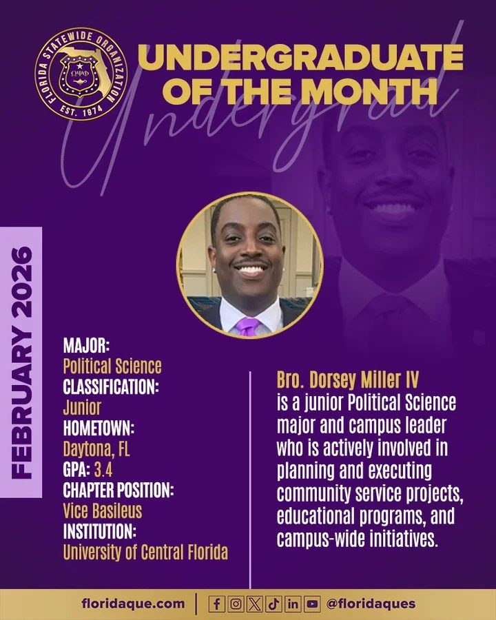 It is with great pride that we highlight the hard work of our youth within our beloved Fraternity and, more importantly, within the State of Florida. We would like to take this time to celebrate our very own Bro. Dorsey Miller IV. 

Major: Political 