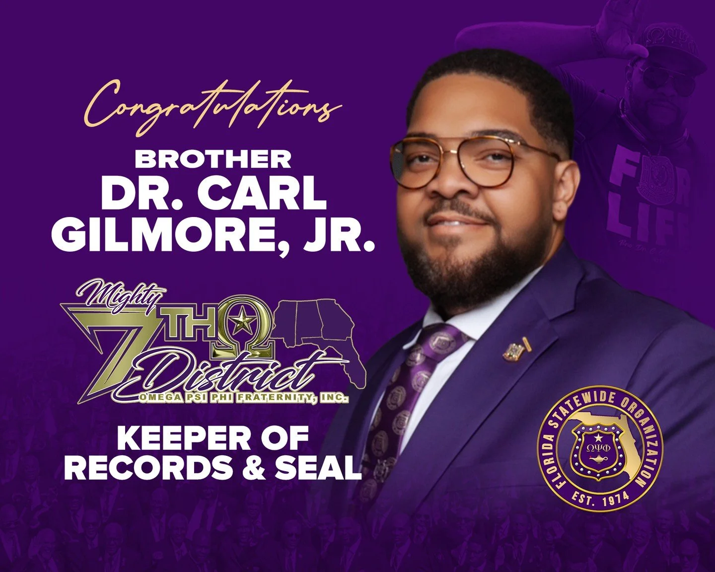 The Brothers of the Florida Statewide Organization congratulate our own Brother Dr. Carl Gilmore, Jr. (@drcarlgilmore1911) on his election as District Keeper of Records &amp; Seal for the Mighty Seventh District of Omega Psi Phi Fraternity, Inc.

Wis