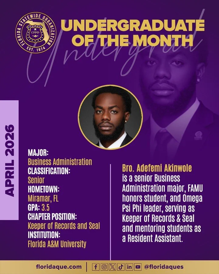 It is with great pride to highlight the hard work of our youth within our beloved Fraternity but more importantly within the State of Florida. We would like to take this time to celebrate our very own Bro. Adefemi Akinwole. 

Major: Business Administ
