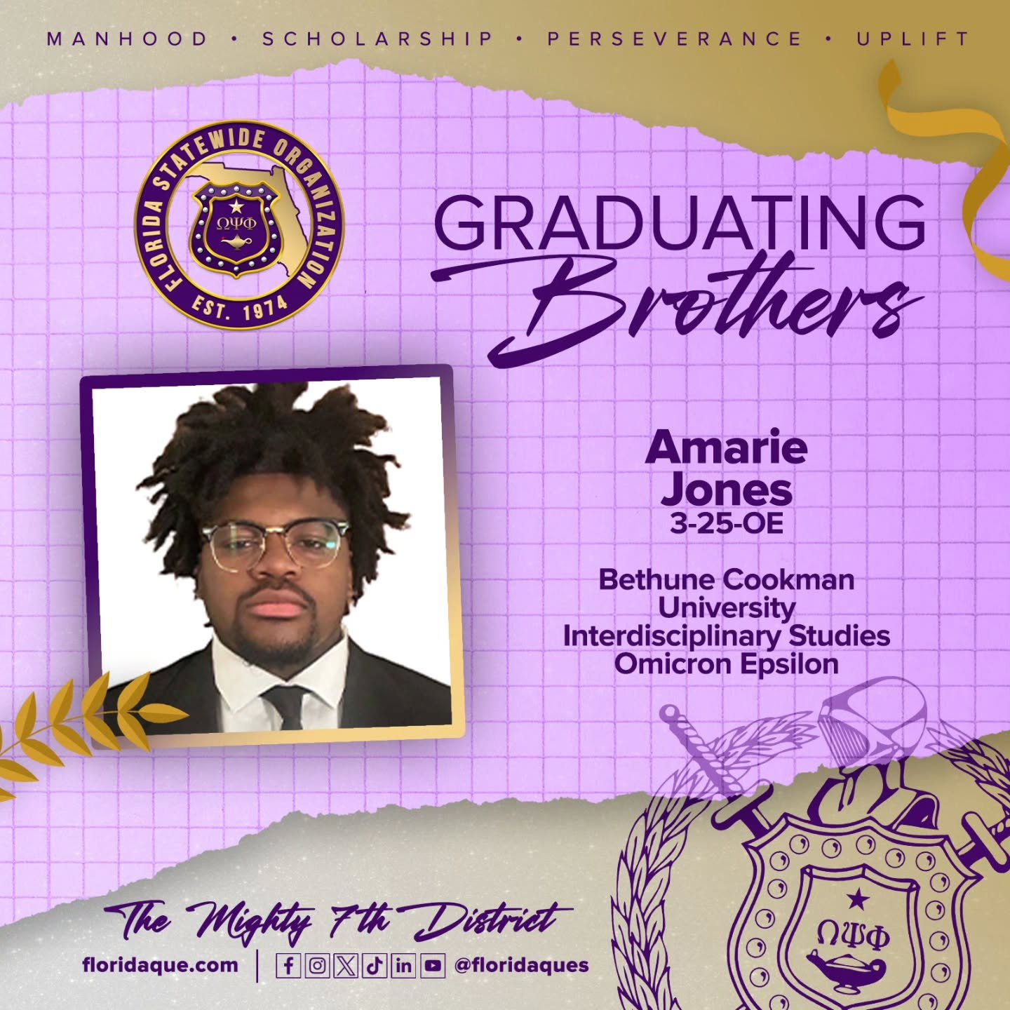 The Florida Statewide Organization of Omega Psi Phi Fraternity, Inc. proudly celebrates our Spring 2026 college graduates. Your hard work, perseverance, and commitment to scholarship exemplify the ideals of Omega. As you begin your next chapter, know
