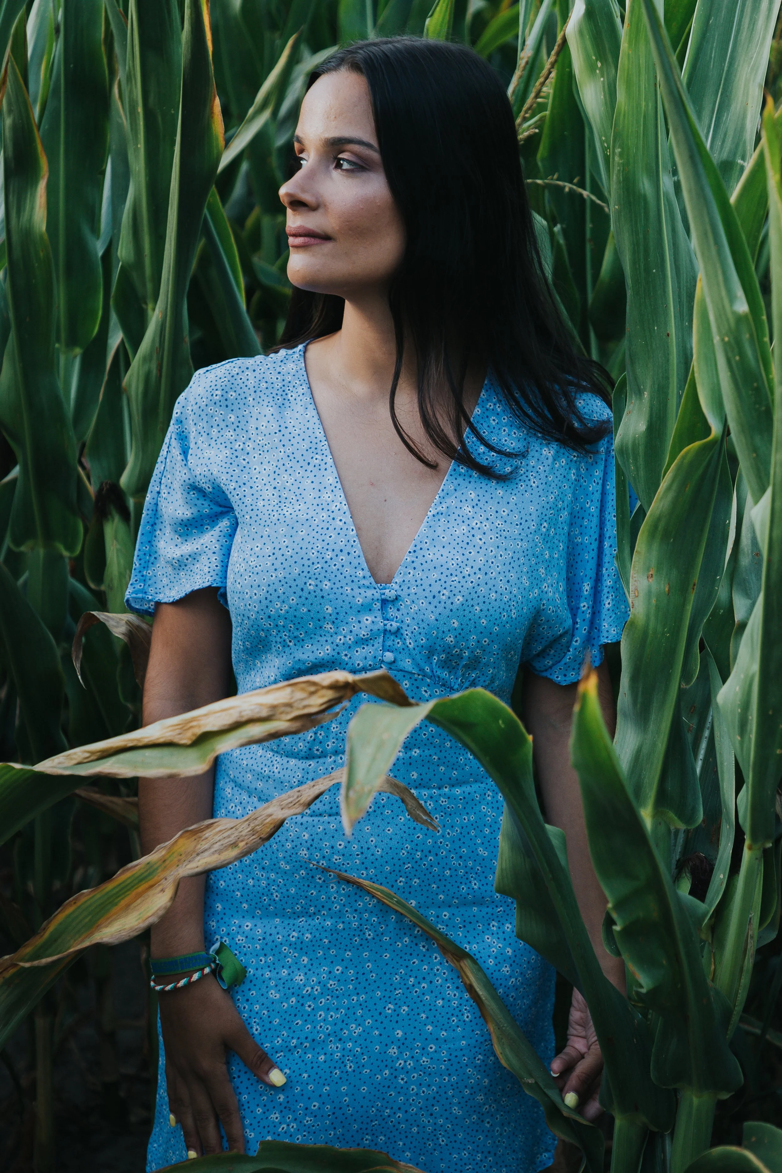 Mulher de cabelo escuro e vestido azul estampado entre plantas de milho em um campo.