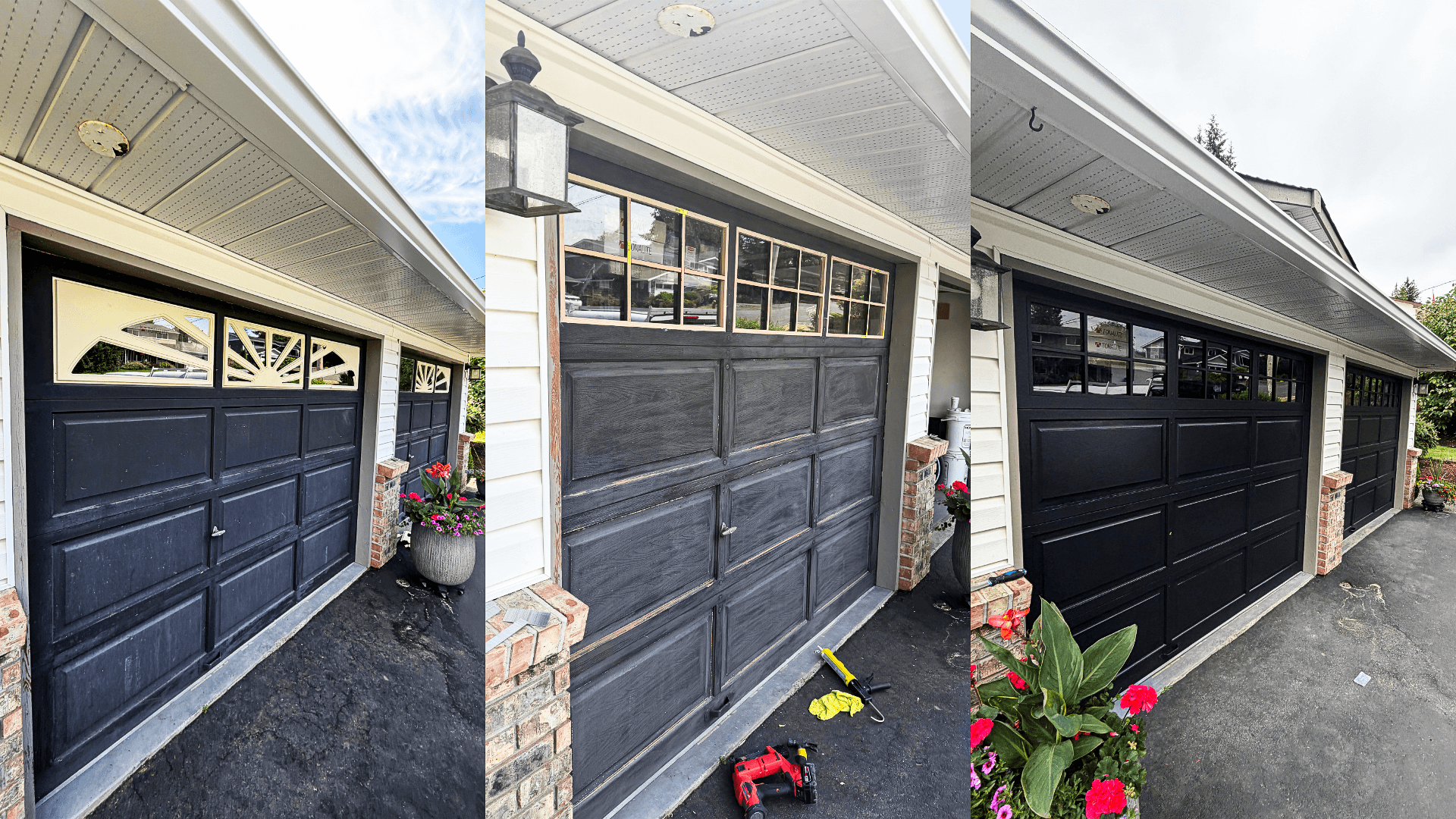 Exterior painting on dark charcoal garage doors with white trim
