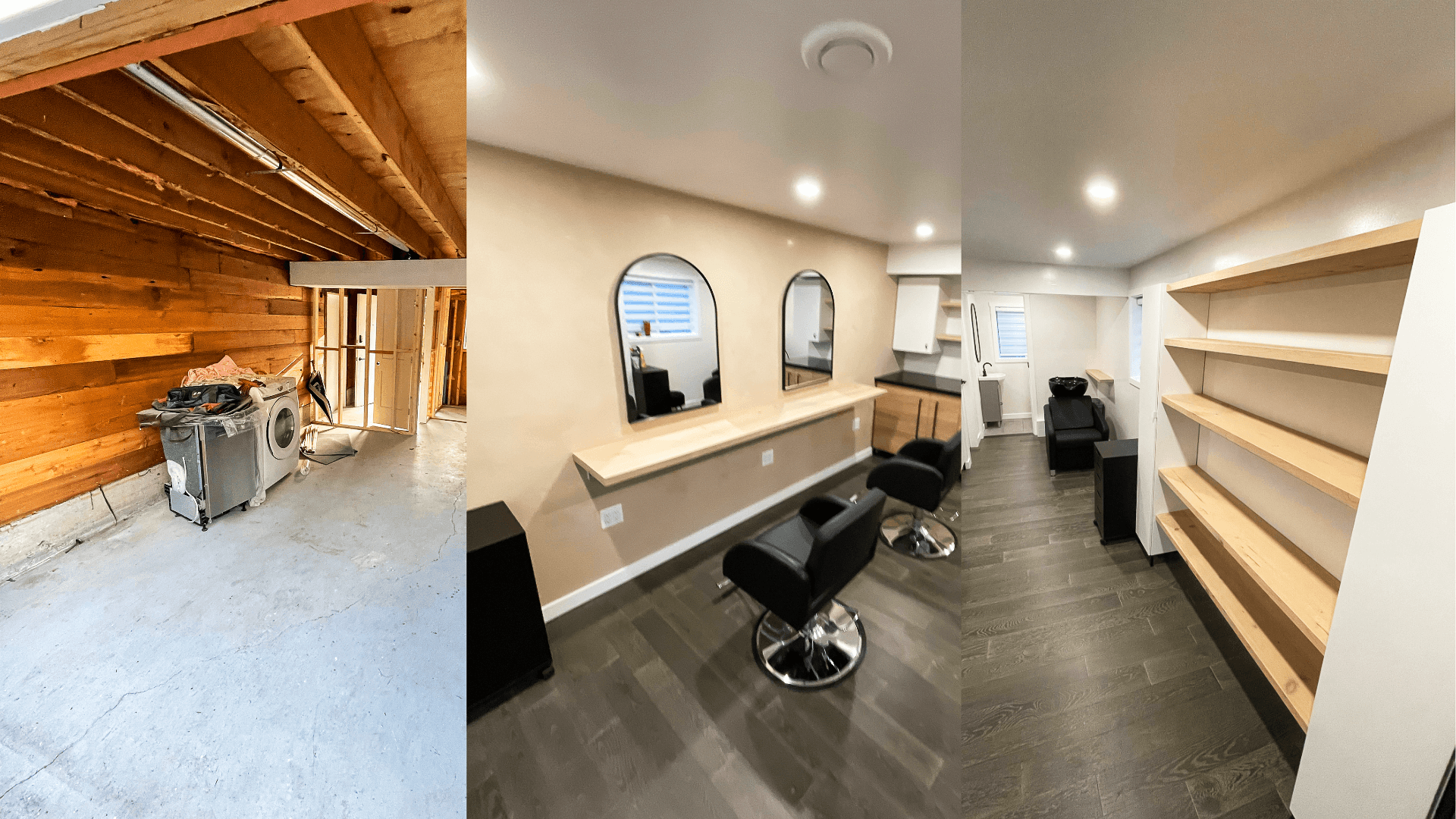 Before and after interior renovation of an unfinished space into a bright salon