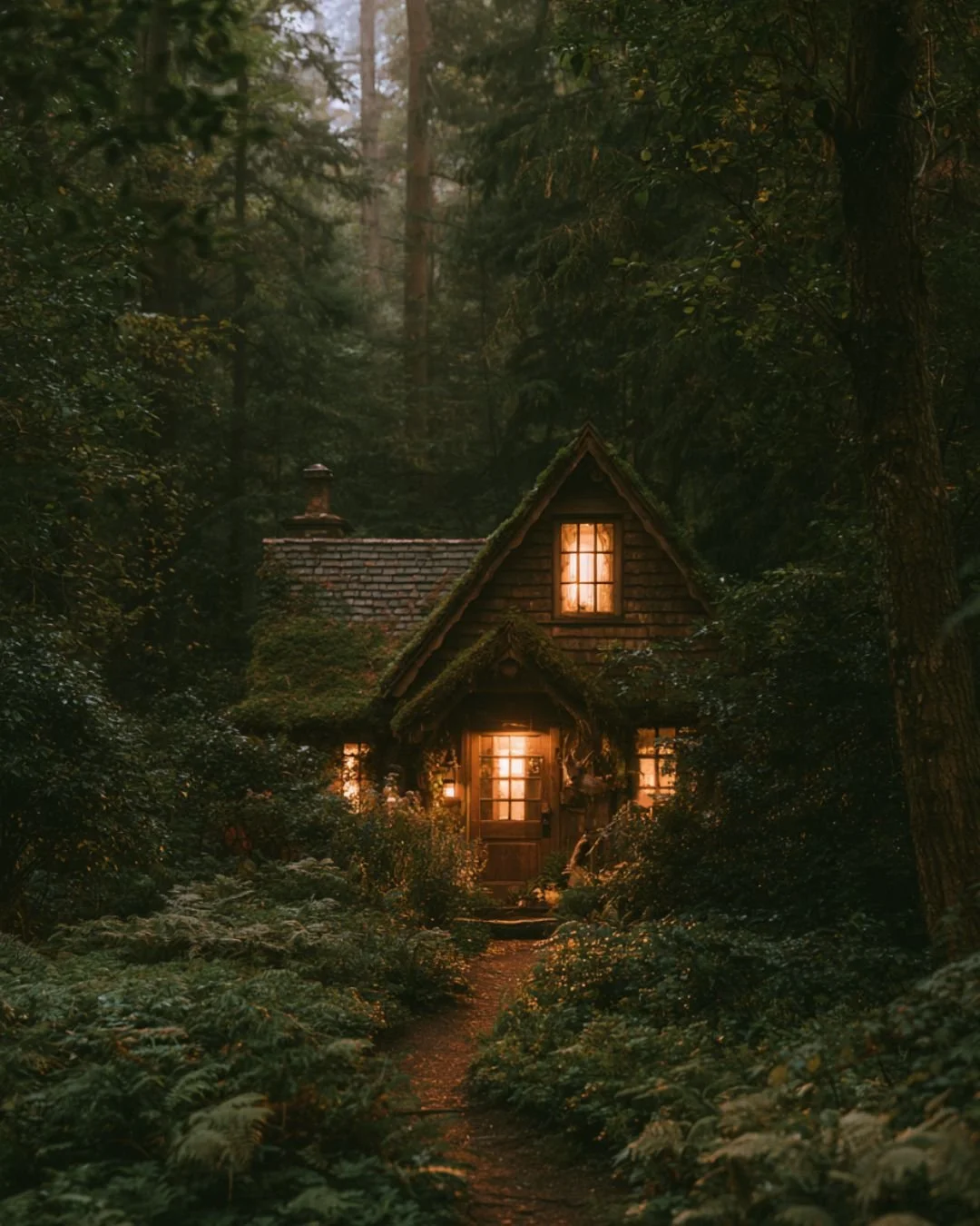 A cottage in the forest with a golden glow of light from the inside.