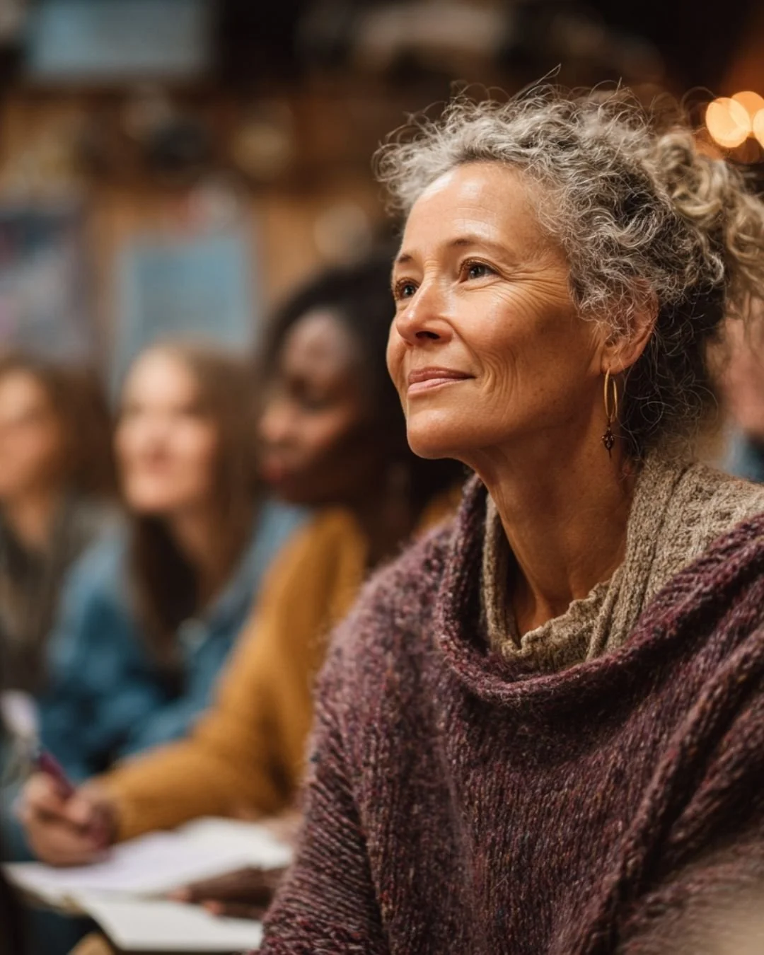 A woman sits in a group, listening to a speaker