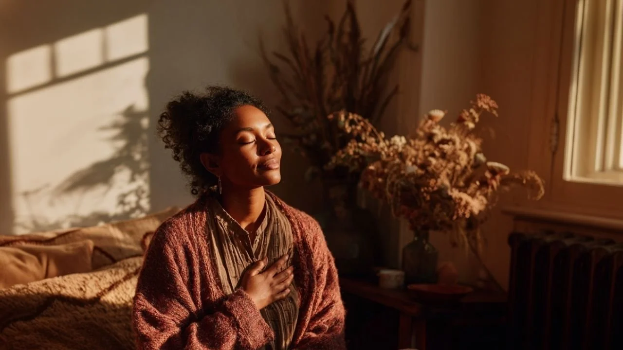 A woman sits in a sun filled room with plants. Her eyes are closed, she is meditating, and she has her hand over her heart.