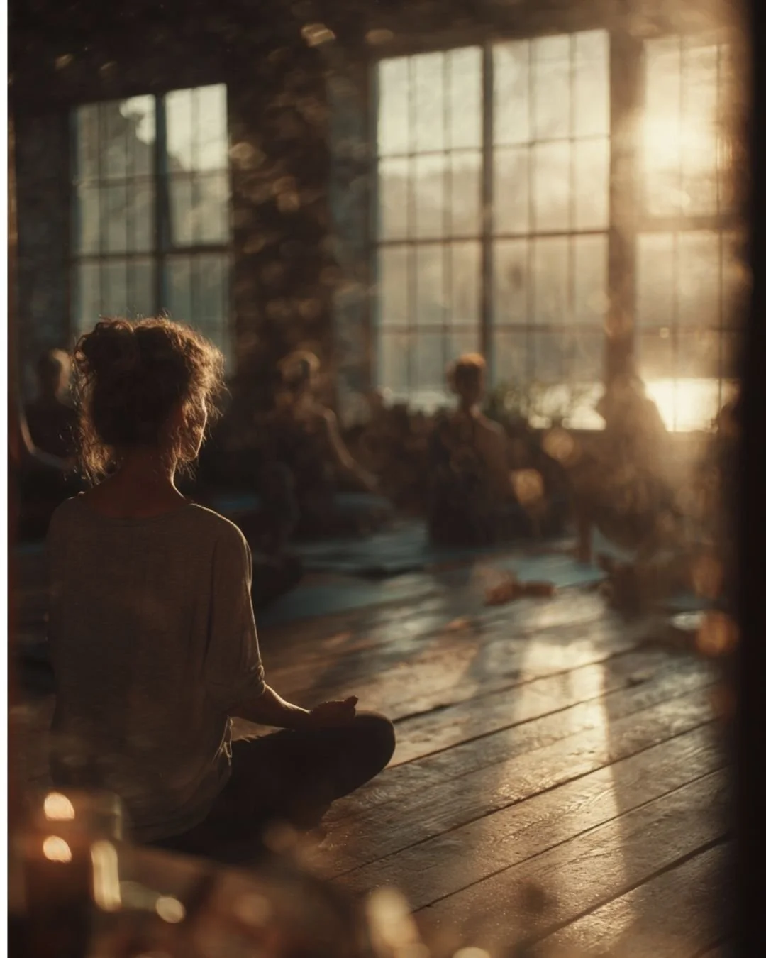 A group of people sit in a sun-lit room meditating