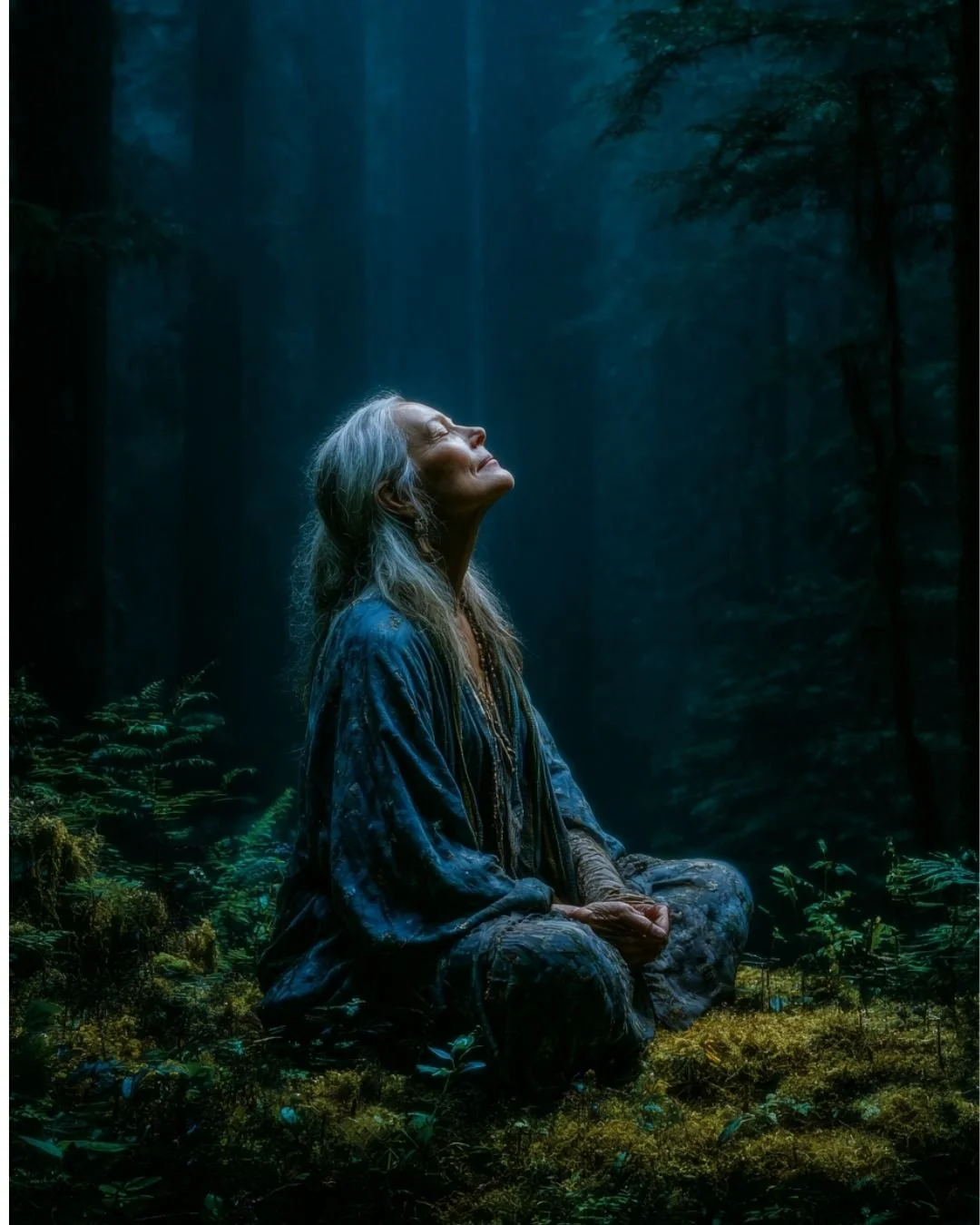 A woman sits on a forest floor, looking upward