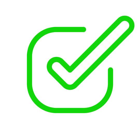 Green checkmark inside a square outline on a black background.