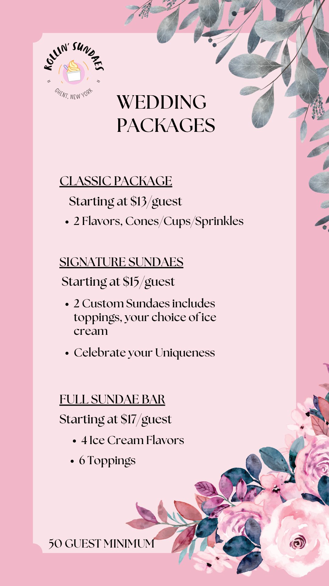 Wedding packages menu on pink background with floral decorations, featuring classic, signature, and full sundae bar options.