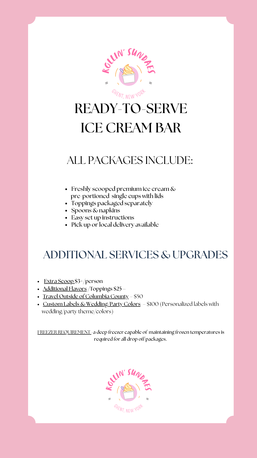 Poster advertising a ready-to-serve ice cream bar with details about packages, services, and upgrades, featuring pink and white colors, with a logo of an ice cream cup topped with soft serve and a spoon.