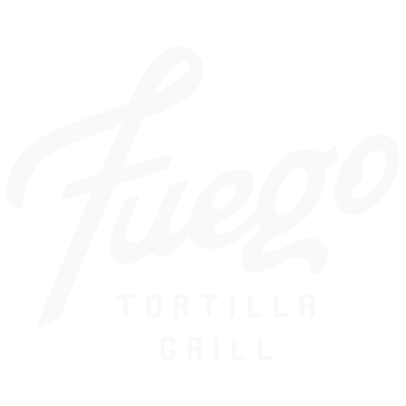 Logo for Fuego Tortilla Grill in white cursive and block letters on a black background.