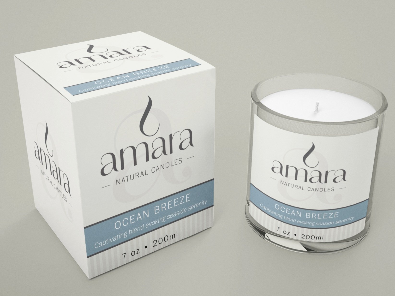 Amara Natural Candles packaging and candle, Ocean Breeze scent