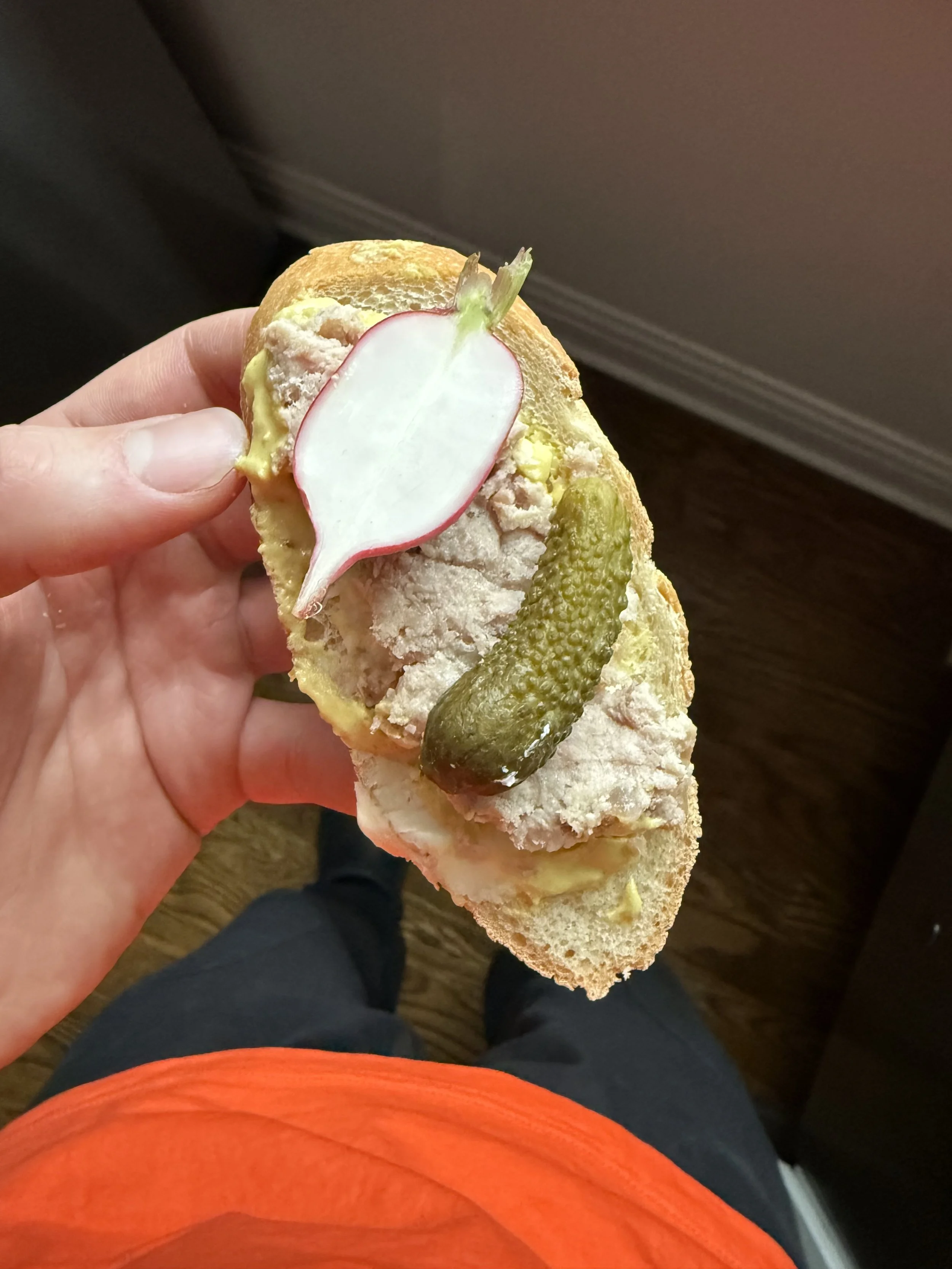 I like pate on bread with mustard, radish and cornichon