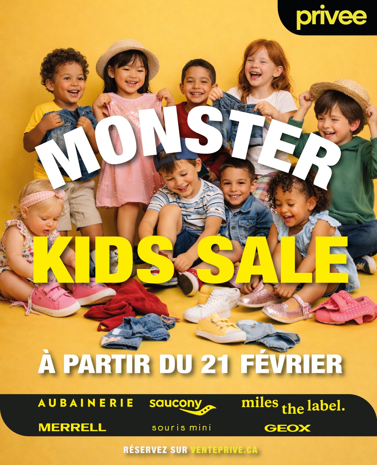 Kids laughing and sitting on a floor with shoes and clothing spread around, advertising a kids' sale starting February 21, with the brand logos listed at the bottom.