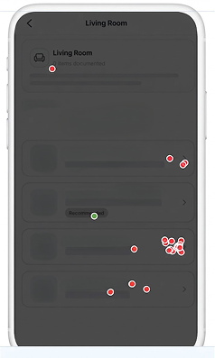 Mobile screen wireframe UI with green and red dots indicating miss-clicks.