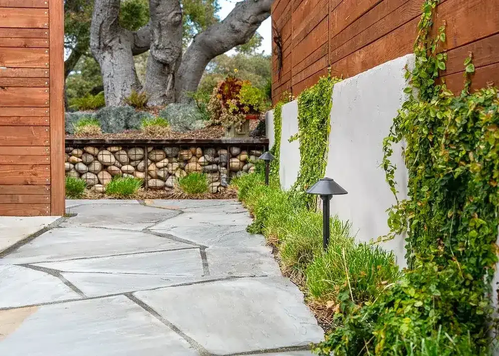 Custom flagstone pathway with gabion stone retaining wall, climbing vines, and landscape lighting designed by Legacy Landscape & Arboriculture in Santa Barbara County