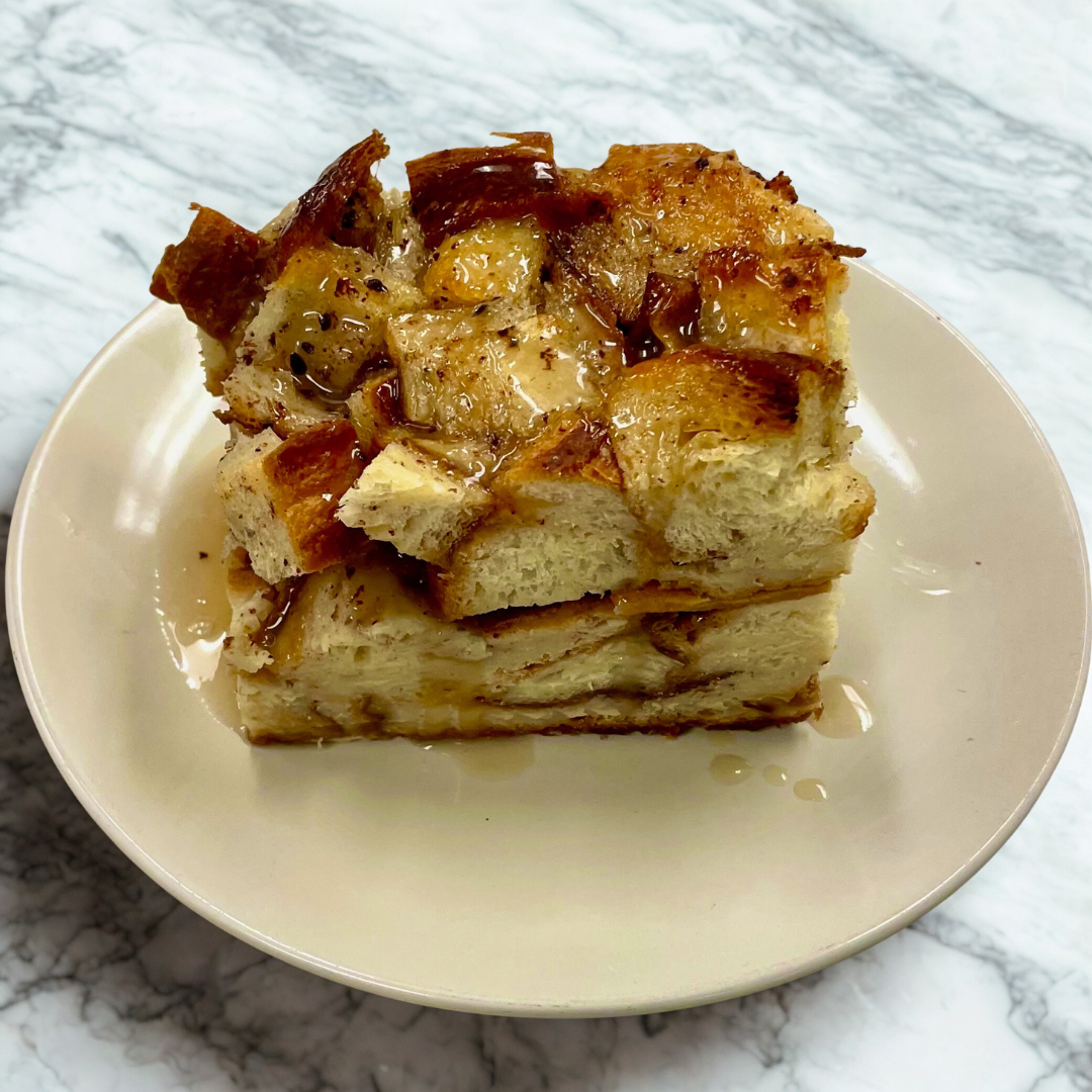 Persimmon Croissant Bread Pudding with a Bourbon Caramel Drizzle