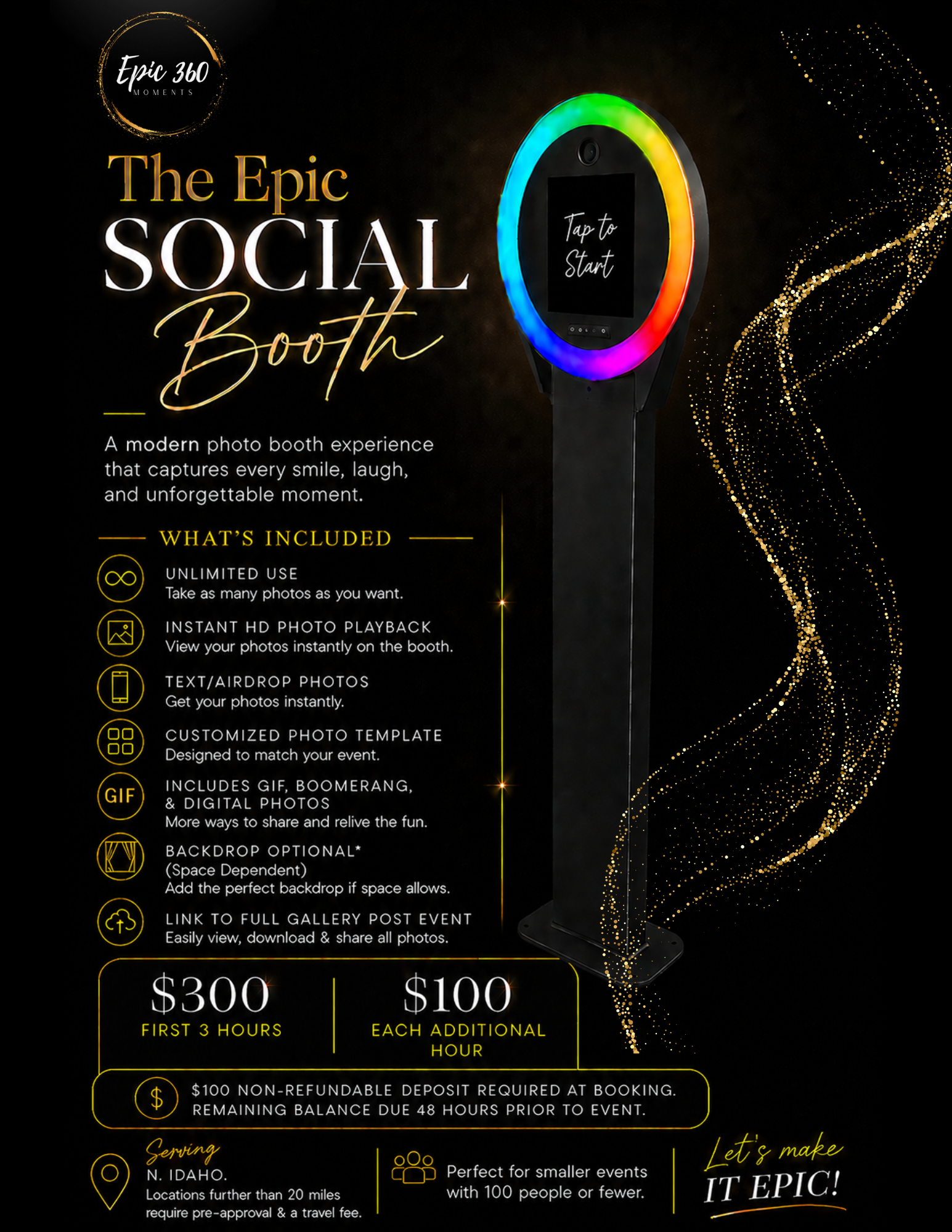 Text-based pricing and service details for event booth rental, including rates, what's included, and area location in Coeur d'Alene with additional notes.