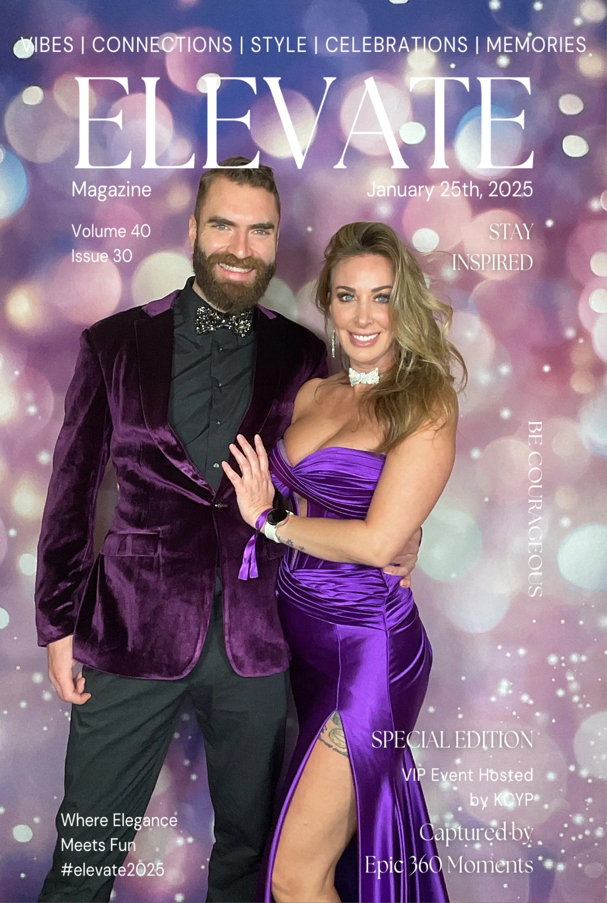 Magazine cover titled 'ELEVATE' dated January 25th, 2025, featuring a man in a purple velvet blazer with a bowtie and a woman in a purple satin dress with a thigh-high slit, posing together against a bokeh background with text about event themes and 