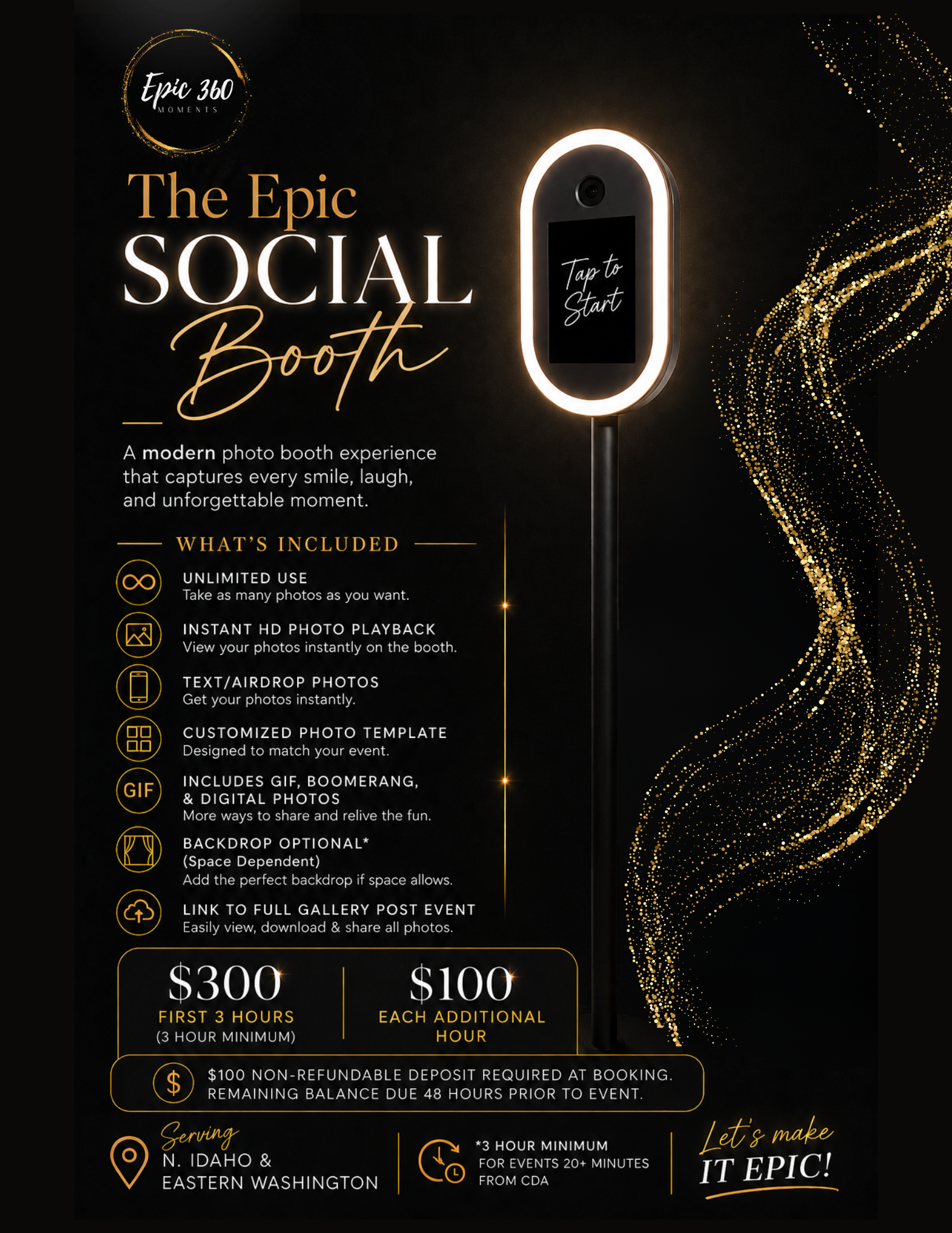 Text-based pricing and service details for event booth rental, including rates, what's included, and area location in Coeur d'Alene with additional notes.