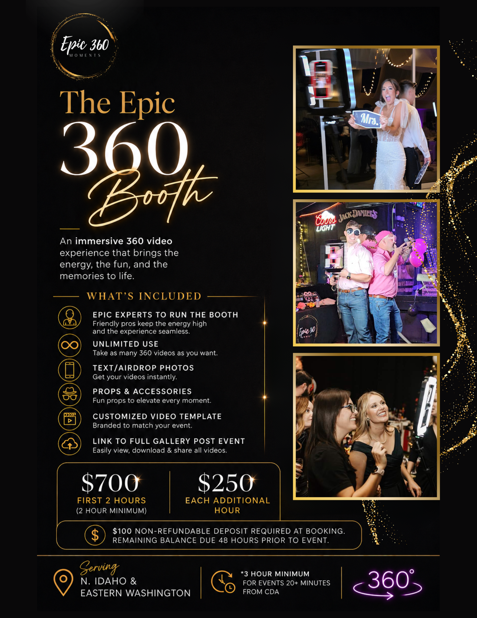Pricing and services details for 360 booth rental, including rates, what's included, and location information.