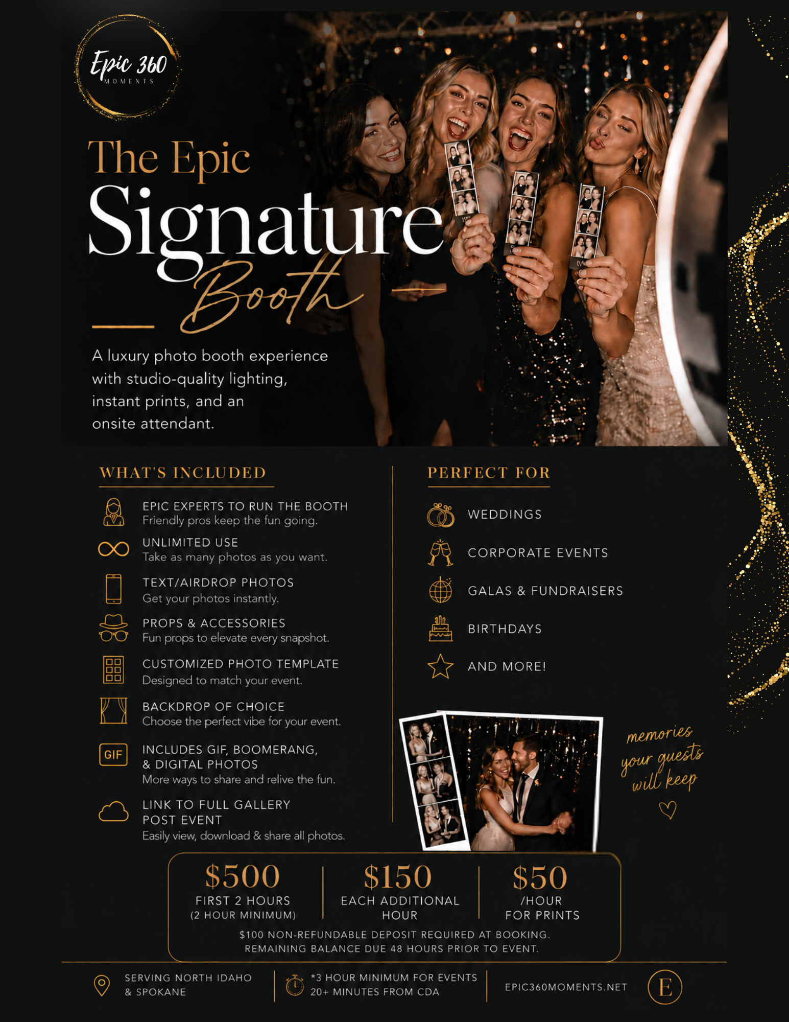 Sign for a selfie booth rental service with pricing and inclusions, mentioning additional charges, location details, and rules for event duration.