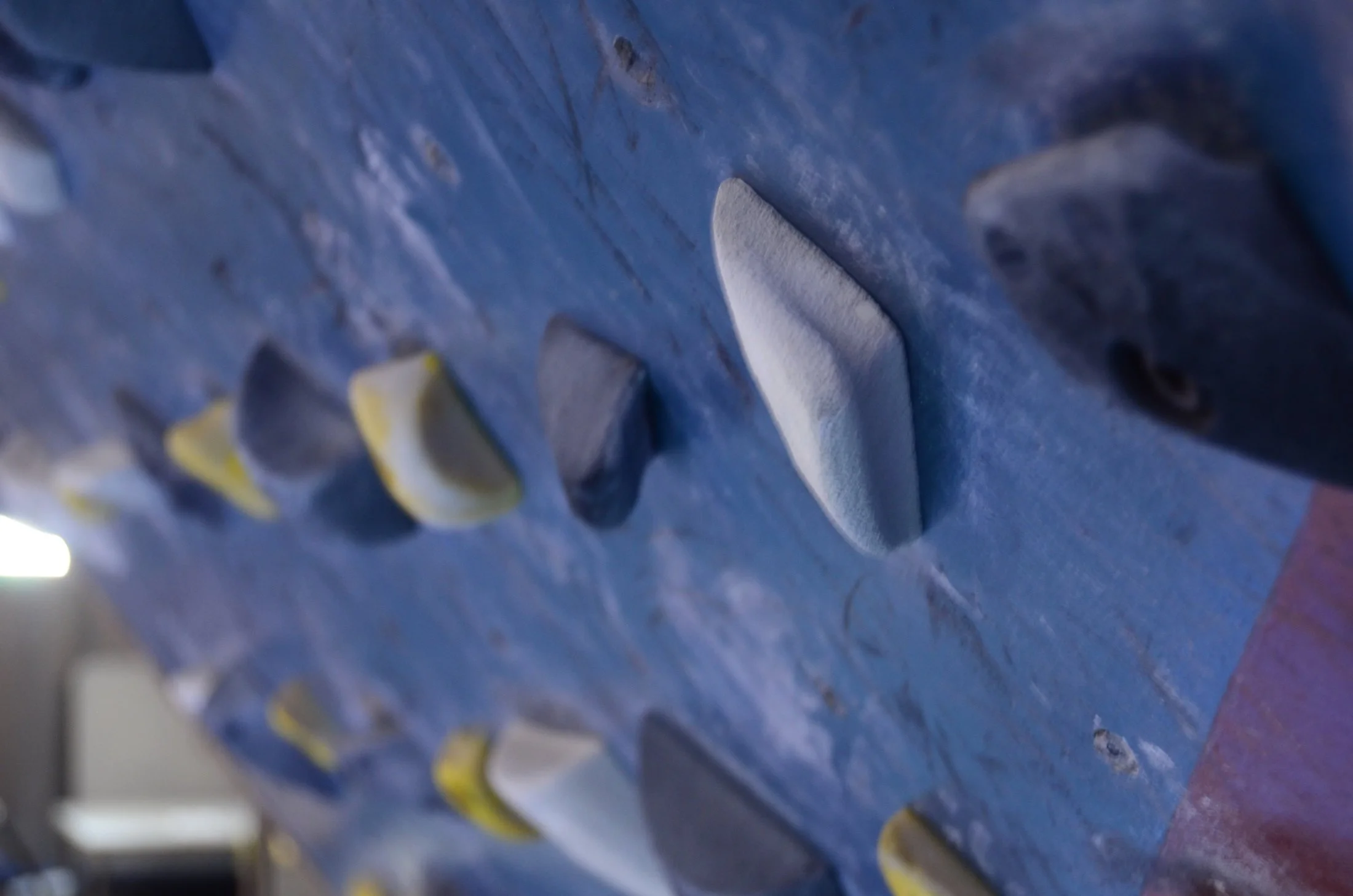 Close-up of a blue rock climbing wall with a prominent white hold in the center.
