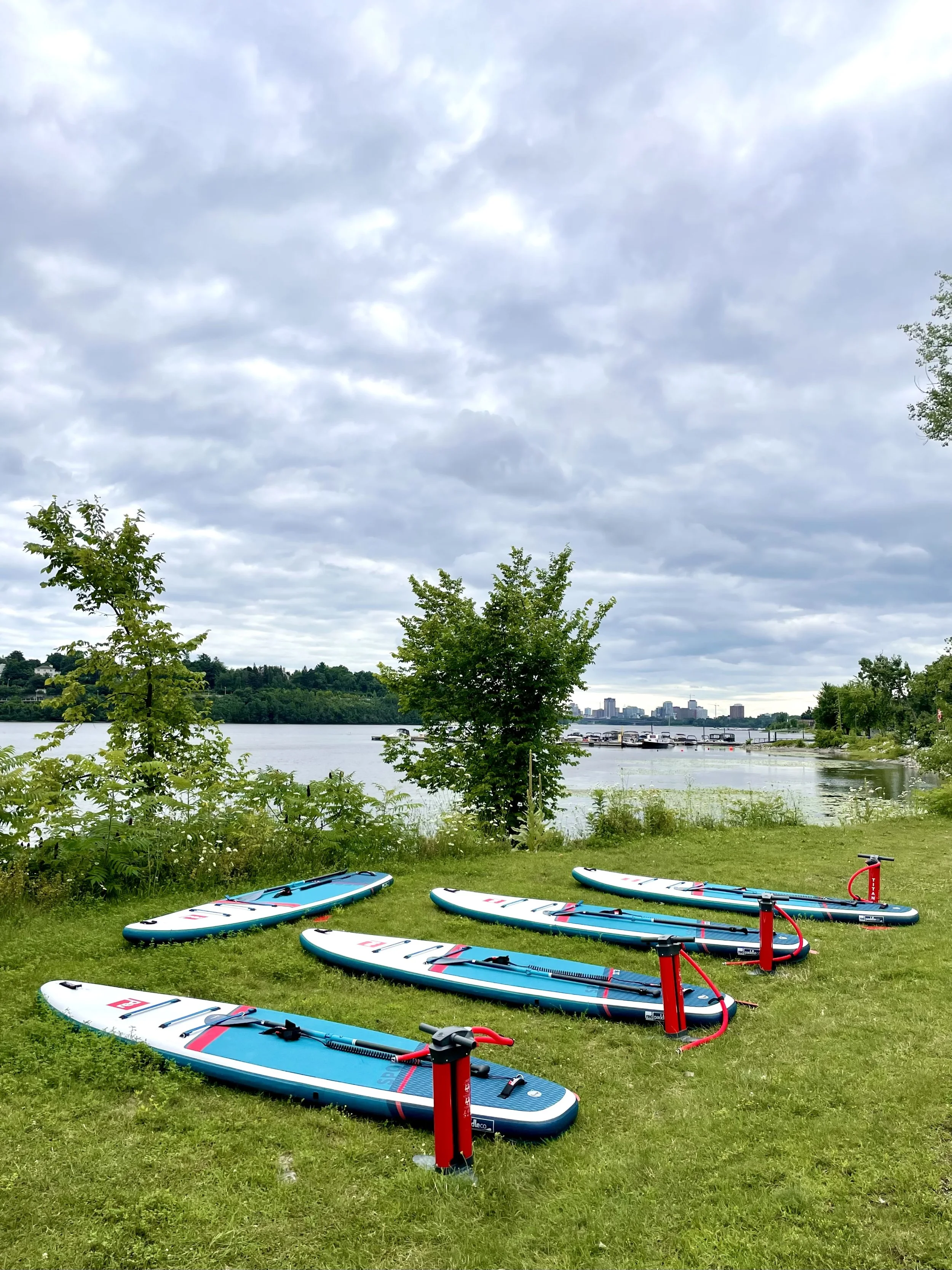 Planches de stand-up paddle avec pompes à air rouges sont posées sur l'herbe près d'une rivière , avec arbres et bâtiments en arrière-plan (Gatineau)