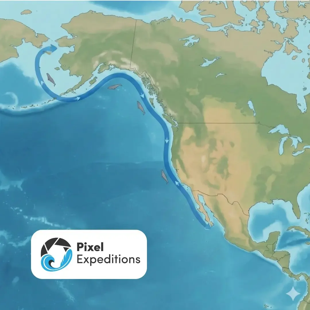 A square map of the West Coast of North America and Mexico showing the long-distance migration path of grey whales from the Arctic to Baja California Sur.