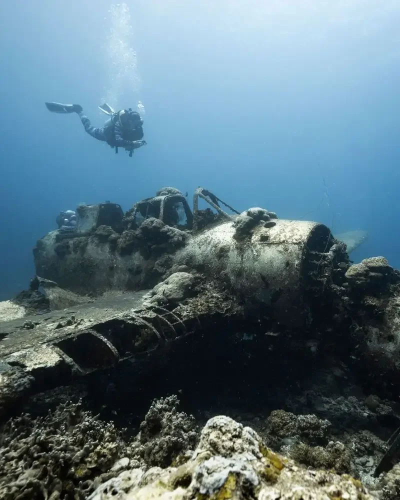 A scuba diver hovers over the wreck of Jake's Sea Plane in Palau