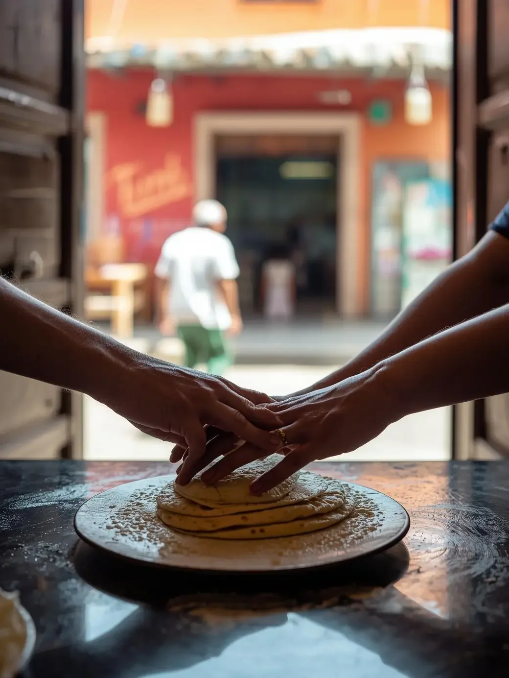 A pair of hands (a traveler's and a local host's) are working together to press tortillas during an immersive, personalized Mexican cooking class.