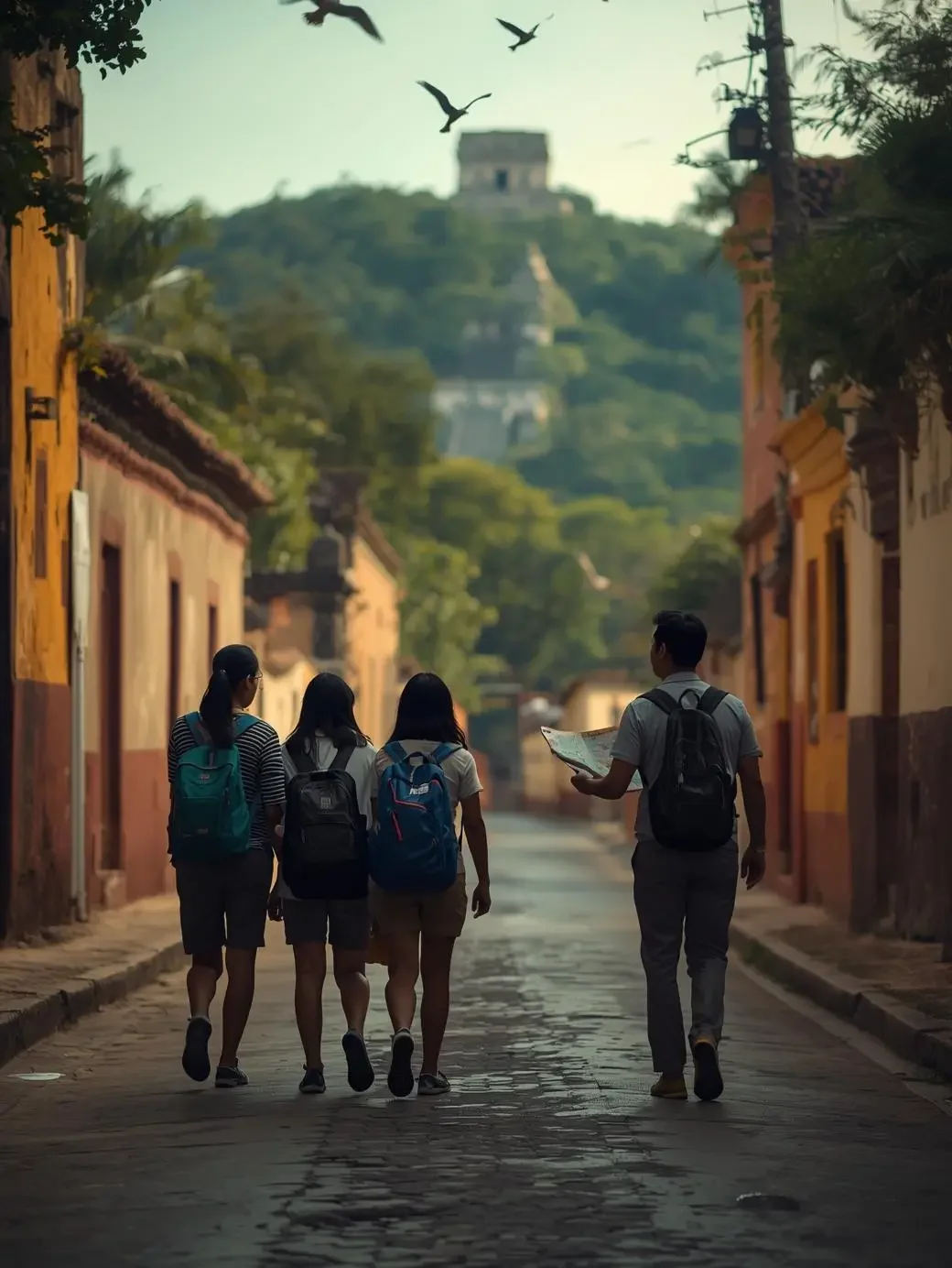 A small group of travellers walks down a quiet, historic Mexican street with a local guide, representing the personalized, small-group approach to immersive tourism.