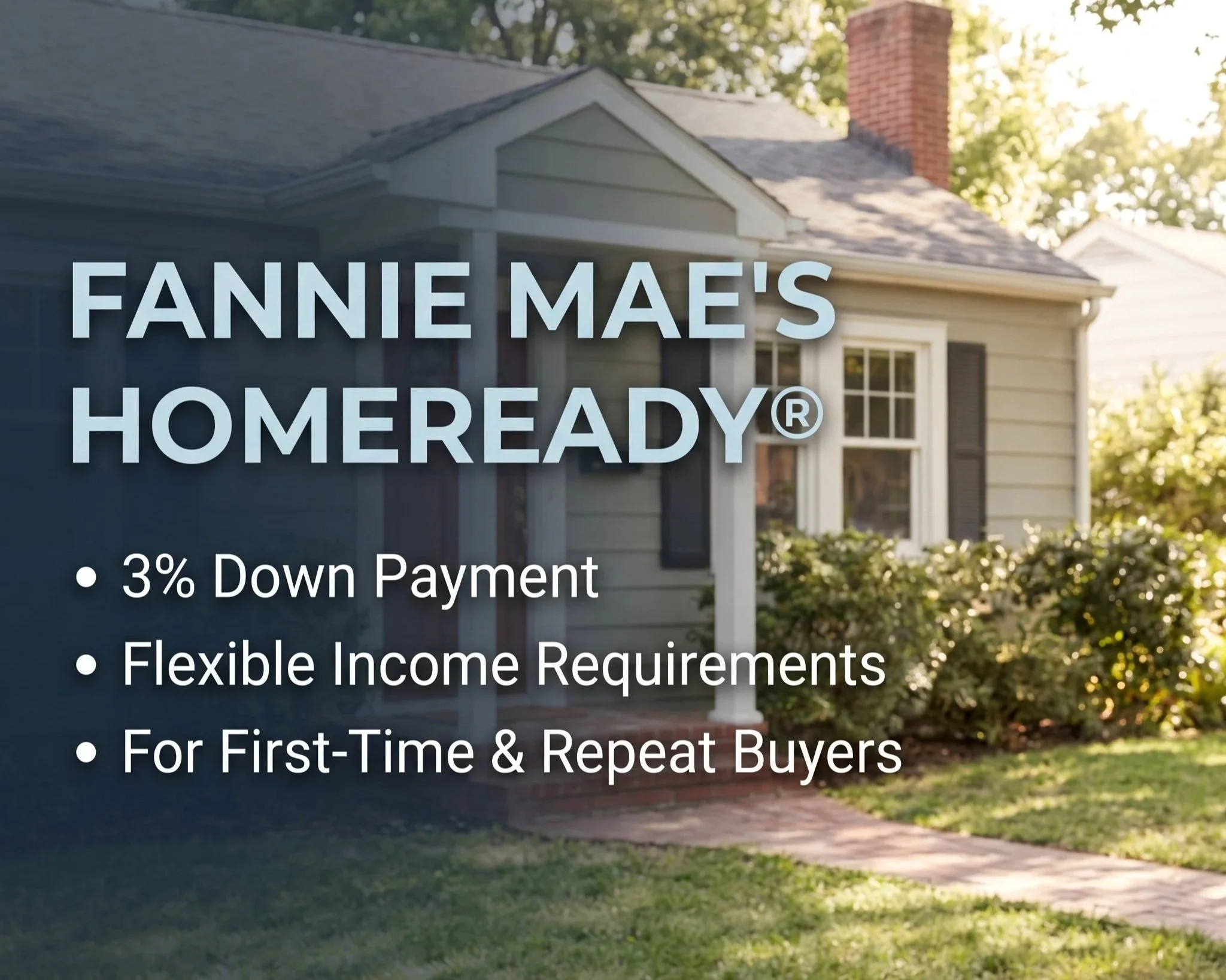 annie Mae HomeReady mortgage graphic featuring a suburban house with key benefits: 3% down payment, flexible income requirements, and availability for first-time and repeat buyers.