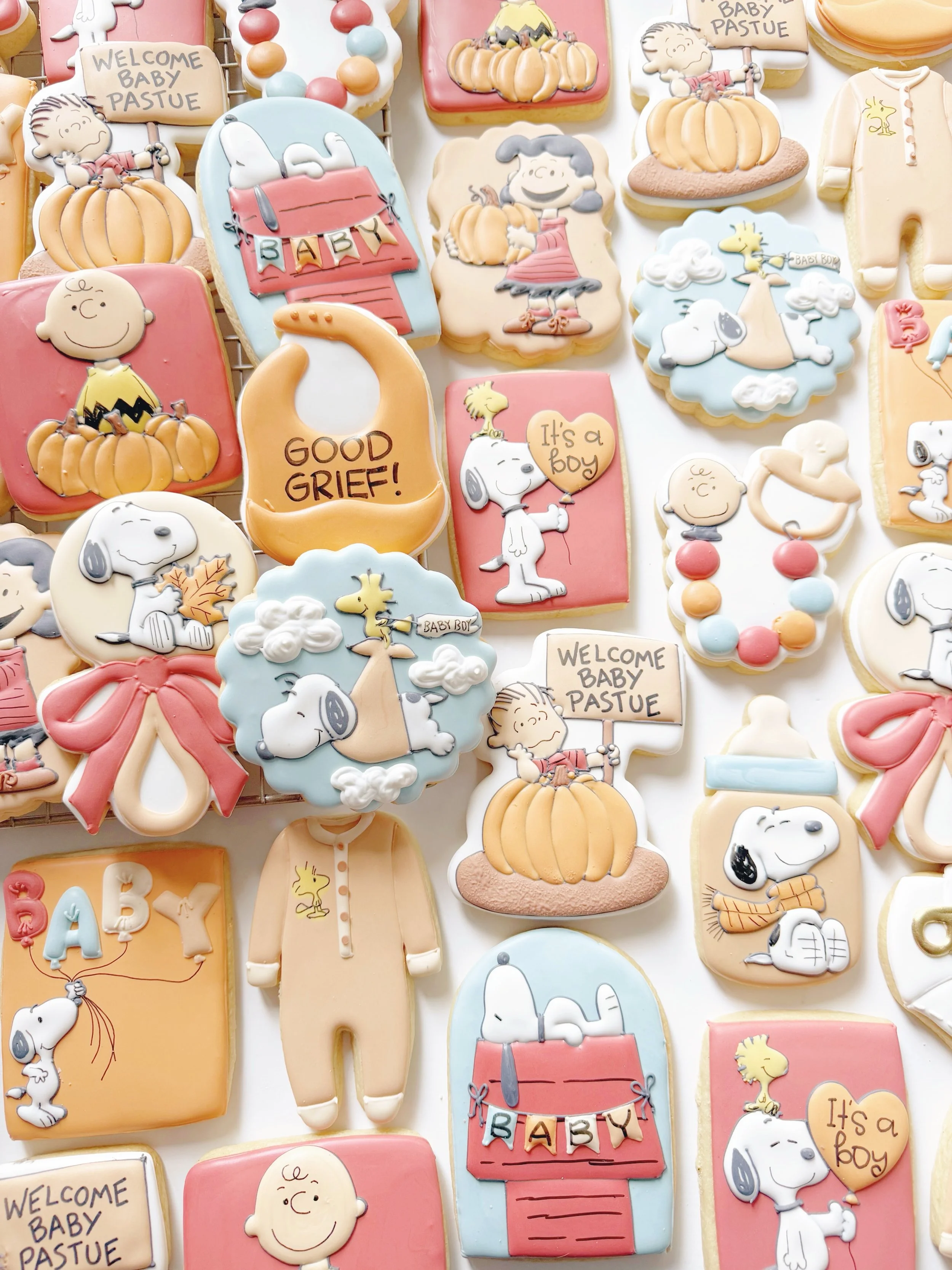 Good grief! A little peanut is on the way!!!!! So much fun with this set. Which cookie is your favorite?? I just love the little Woodstock onesie. 

#snoopycookies #peanutsgang #charliebrown #snoopylover #babyshowercookies