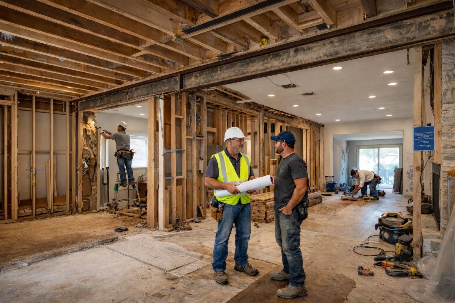 Licensed general contractor reviewing structural renovation plans during a permitted home renovation phase