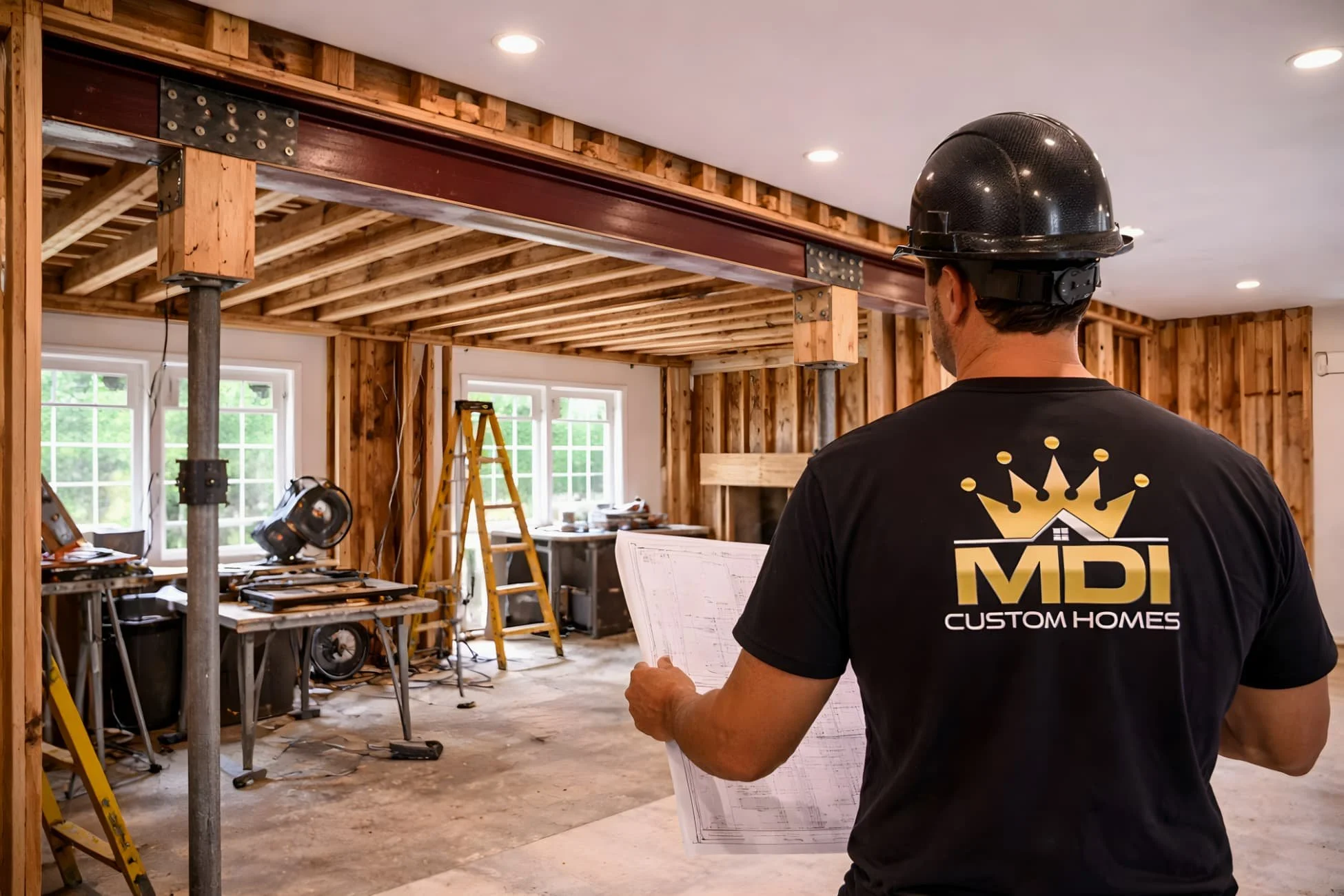 Structural framing inspection during residential renovation by MDI Custom Homes