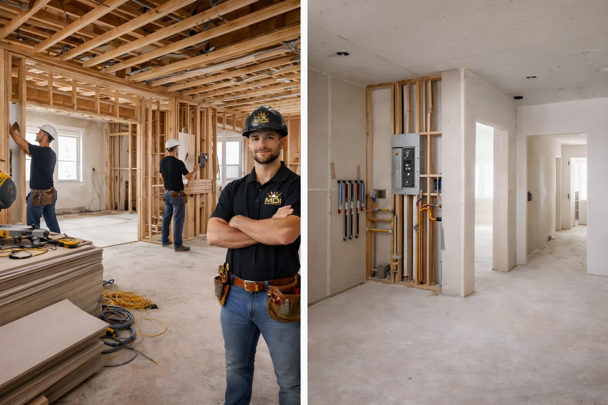 Whole-home renovation showing framing and drywall phases with electrical and plumbing systems coordinated by a licensed general contractor
