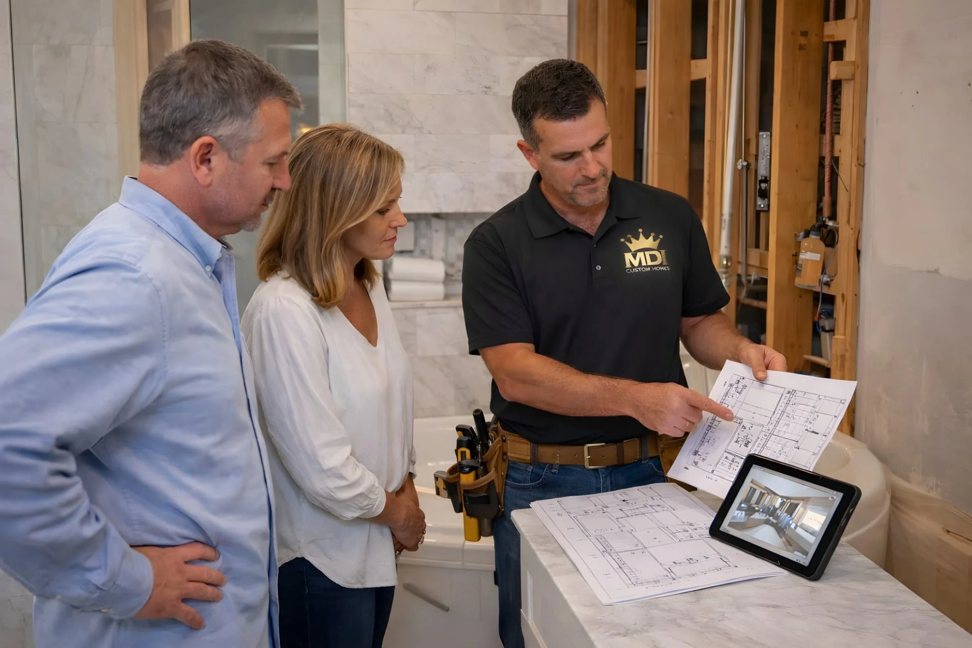 Design-build bathroom remodeler reviewing plans and layout with homeowners