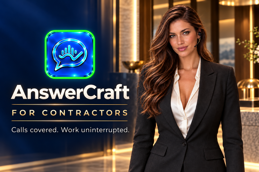 AnswerCraft contractor receptionist in a charcoal suit beside the blue and green AnswerCraft app icon