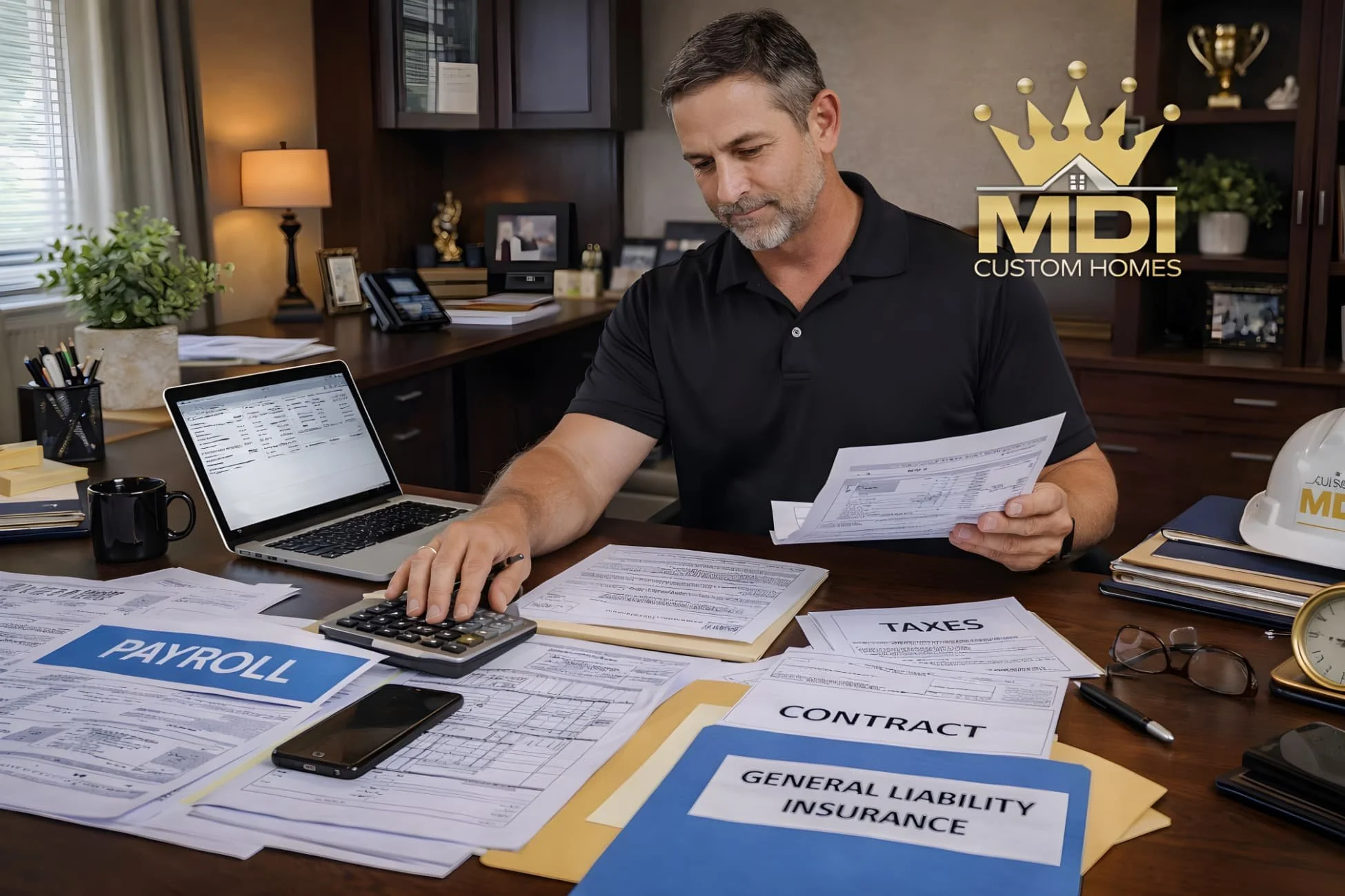 general contractor reviewing payroll taxes contracts and general liability insurance documents in office explaining construction overhead and profit costs