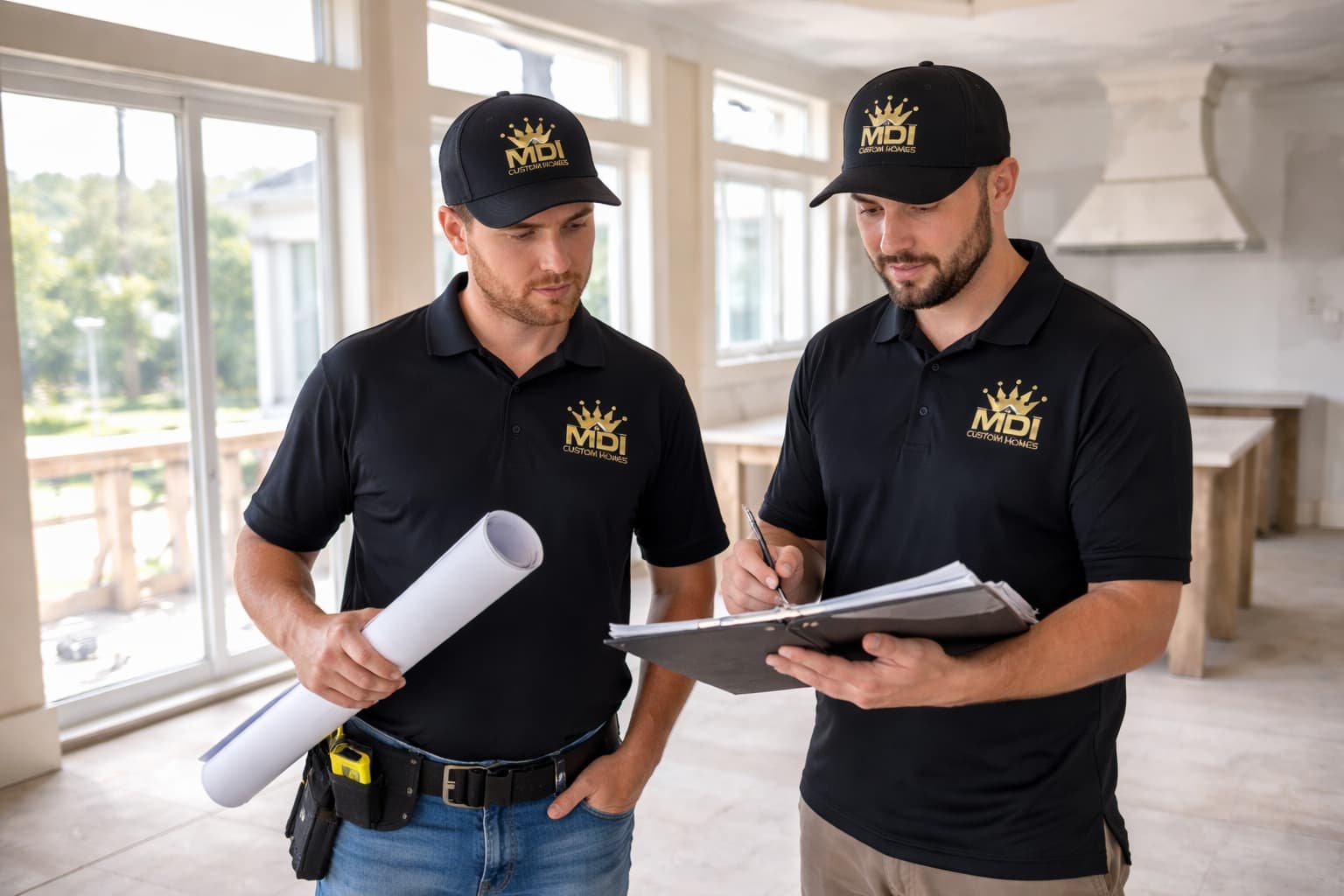 MDI Custom Homes construction managers reviewing plans on a residential project in Pinellas County