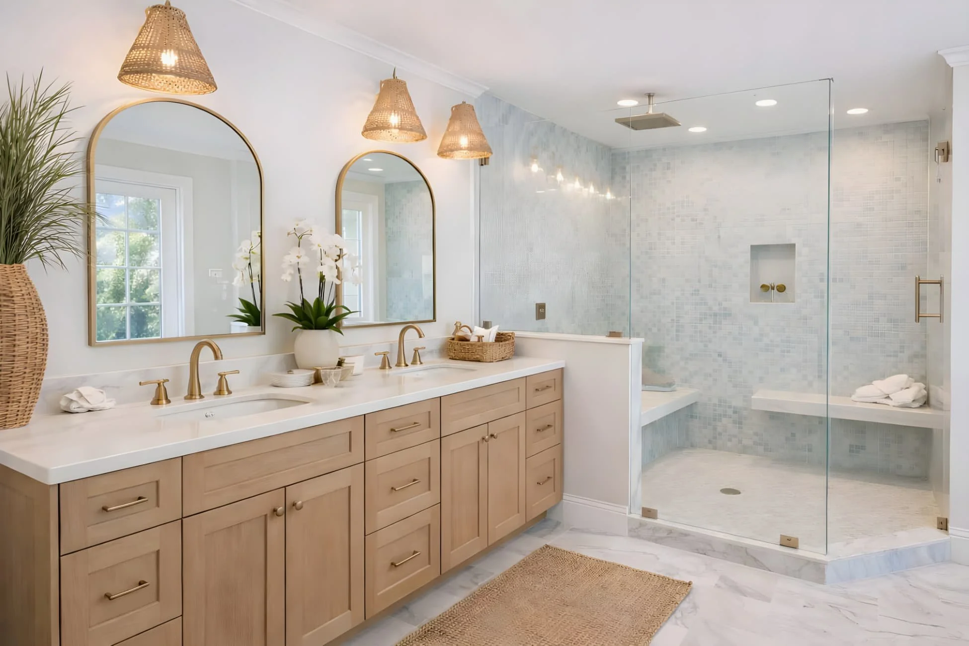 Modern coastal bathroom remodel with custom vanity installation by MDI Custom Homes