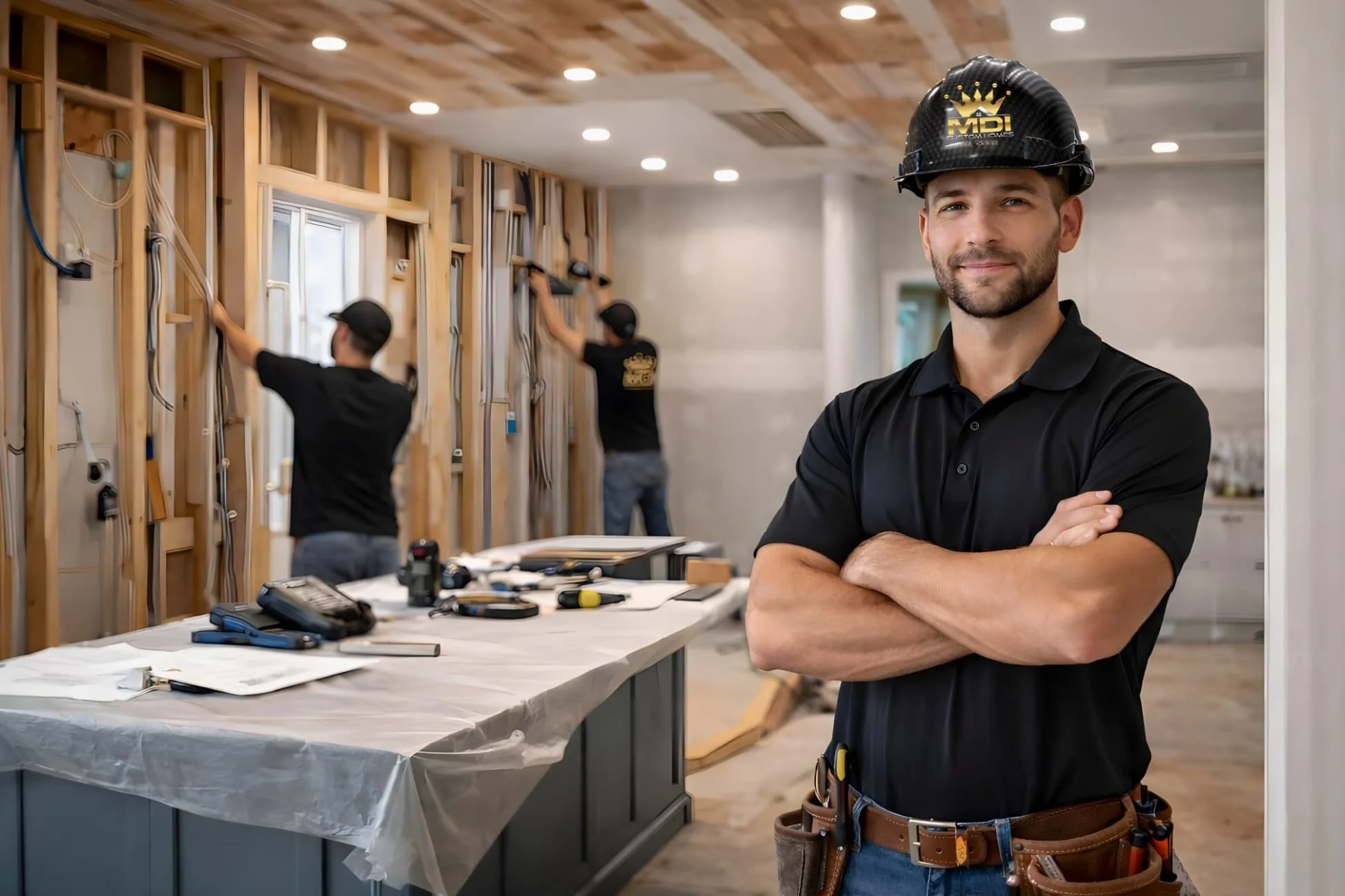 Full kitchen remodel in progress with exposed framing and electrical work managed by a licensed general contractor